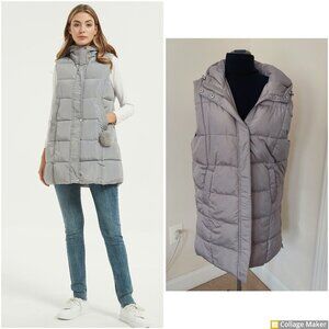 Stylus long quilted hooded puffer vest in a grey color. Sz L. Polyester